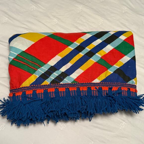 Vintage 70s Twin Flat sheet Morgan Jones rainbow plaid - Picture 2 of 5